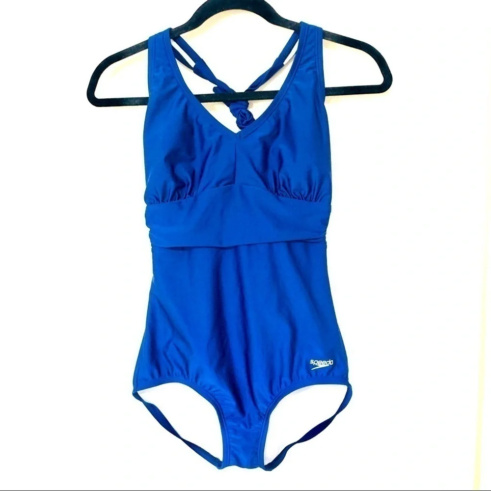 SPEEDO one piece halter swimsuit women blue minimalist beach padded size S